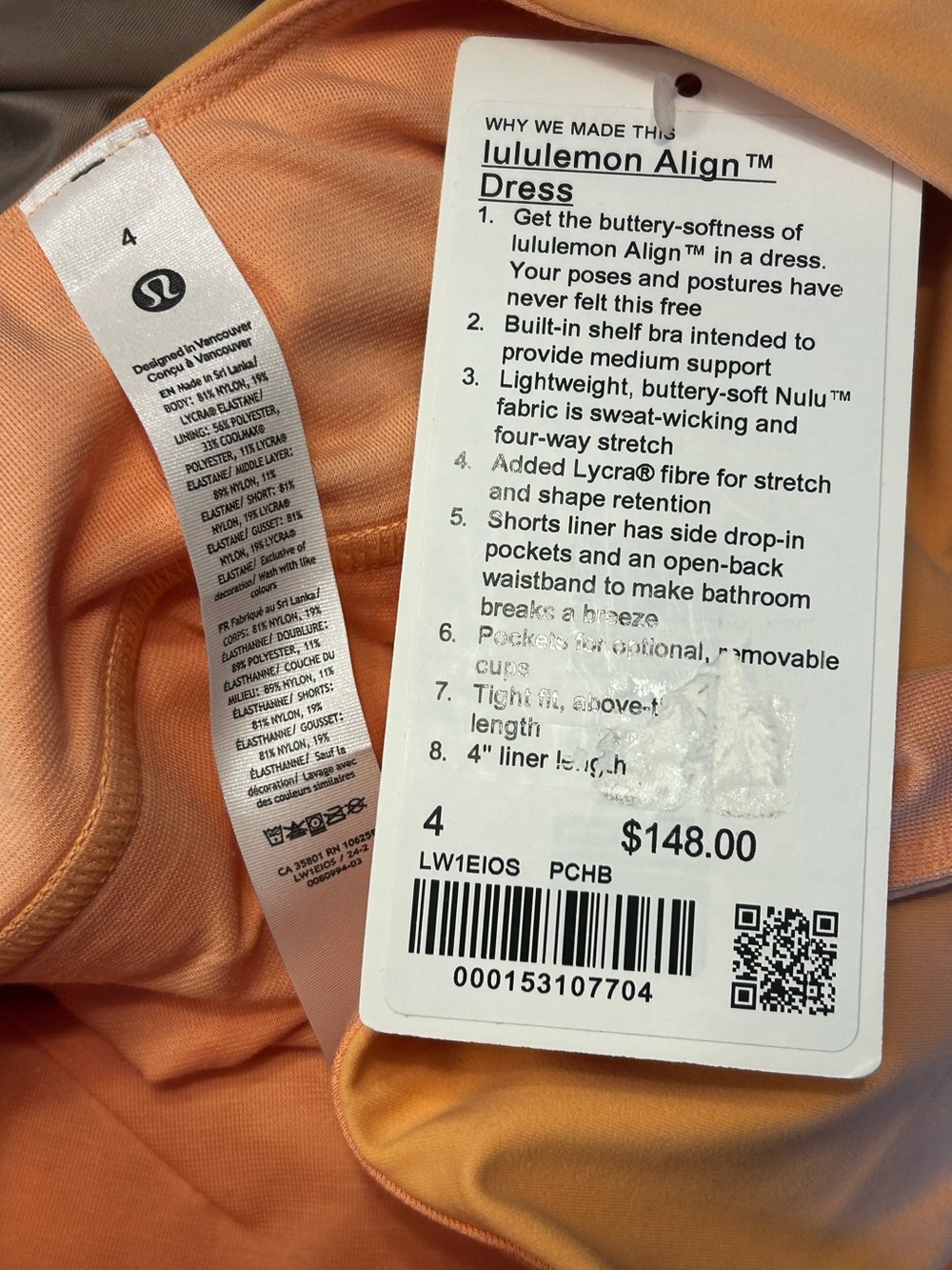 NWT LULULEMON Align Dress Athleisure Built-in Bra Shorts Peach Bellini 2,4 - Picture 9 of 10